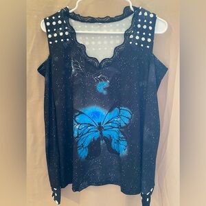 Black and Blue Cold Shoulder Butterfly Top
